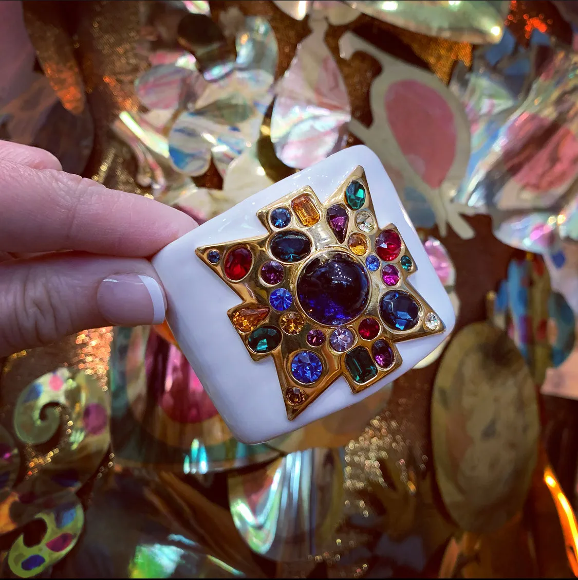 Kenneth Jay Lane Jewelled Cross White Enamel Cuff Bracelet