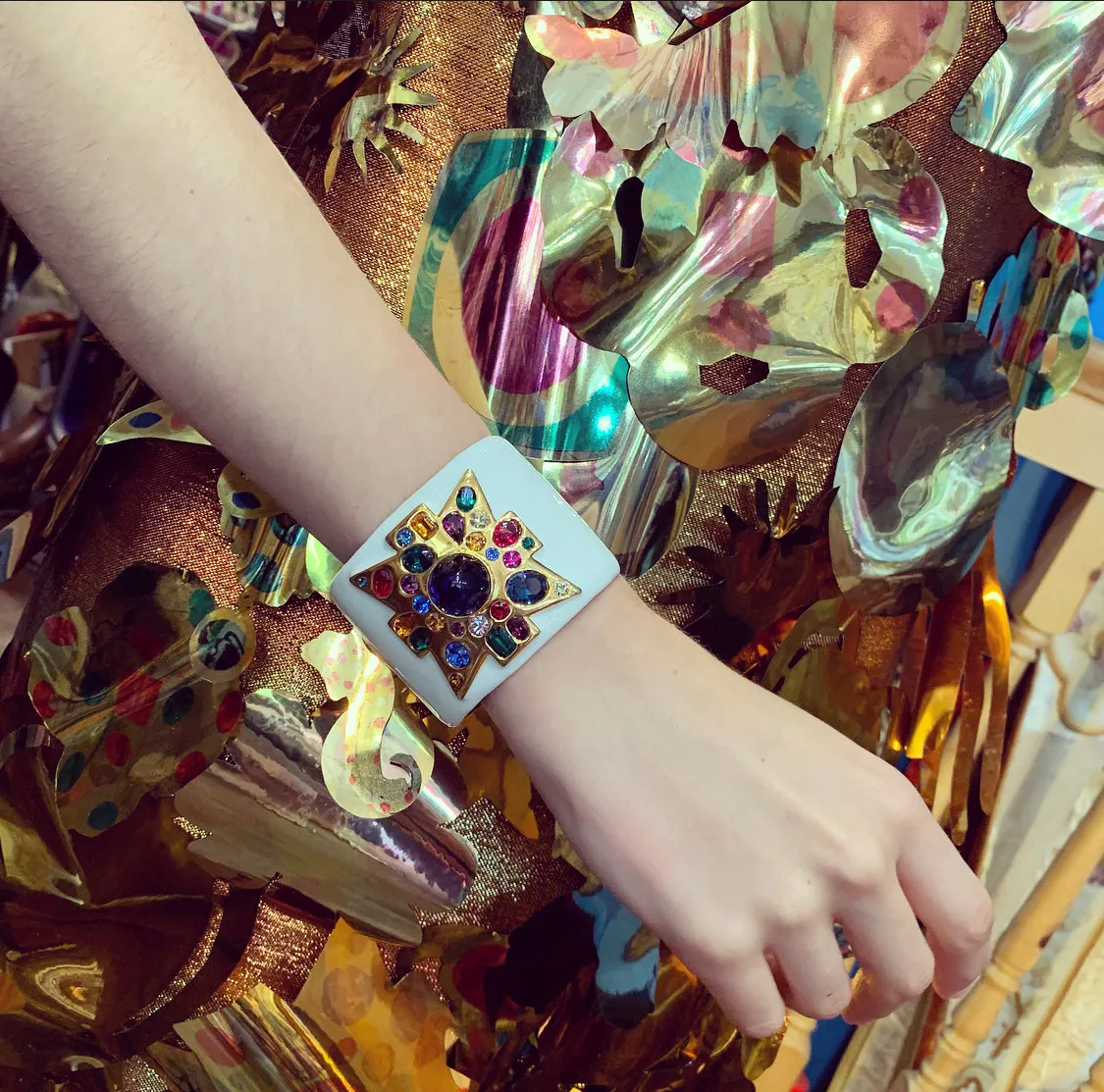 Kenneth Jay Lane Jewelled Cross White Enamel Cuff Bracelet