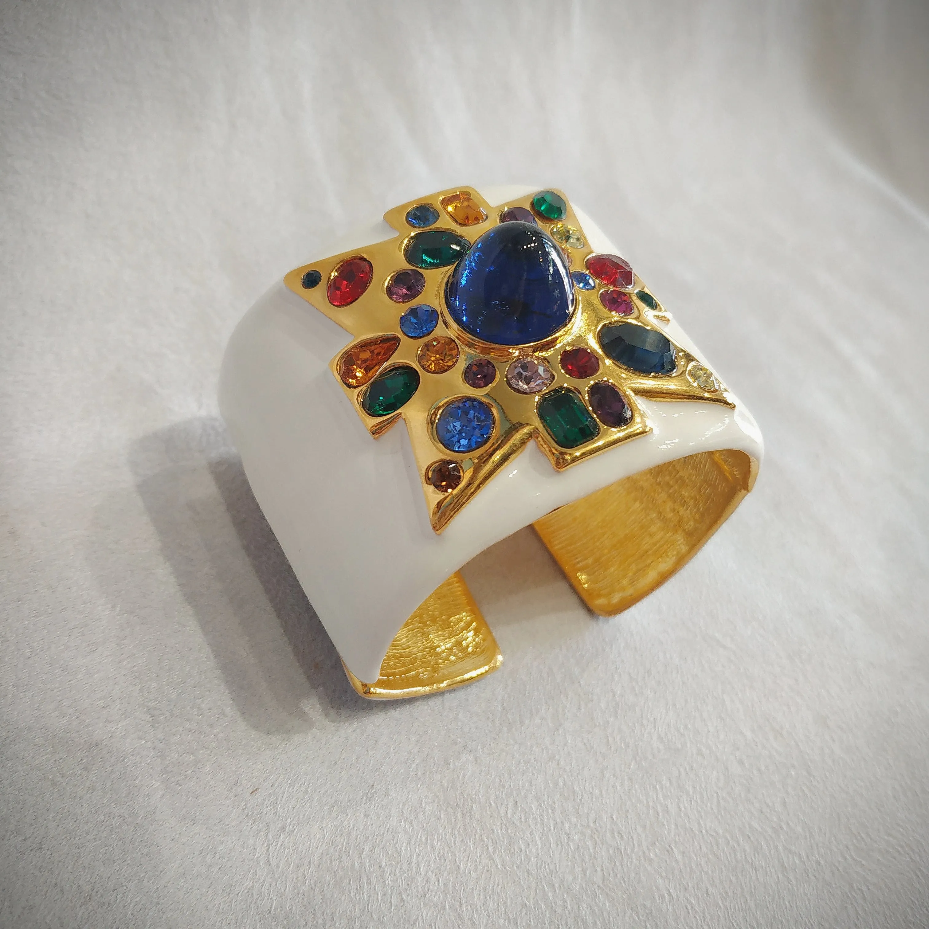 Kenneth Jay Lane Jewelled Cross White Enamel Cuff Bracelet