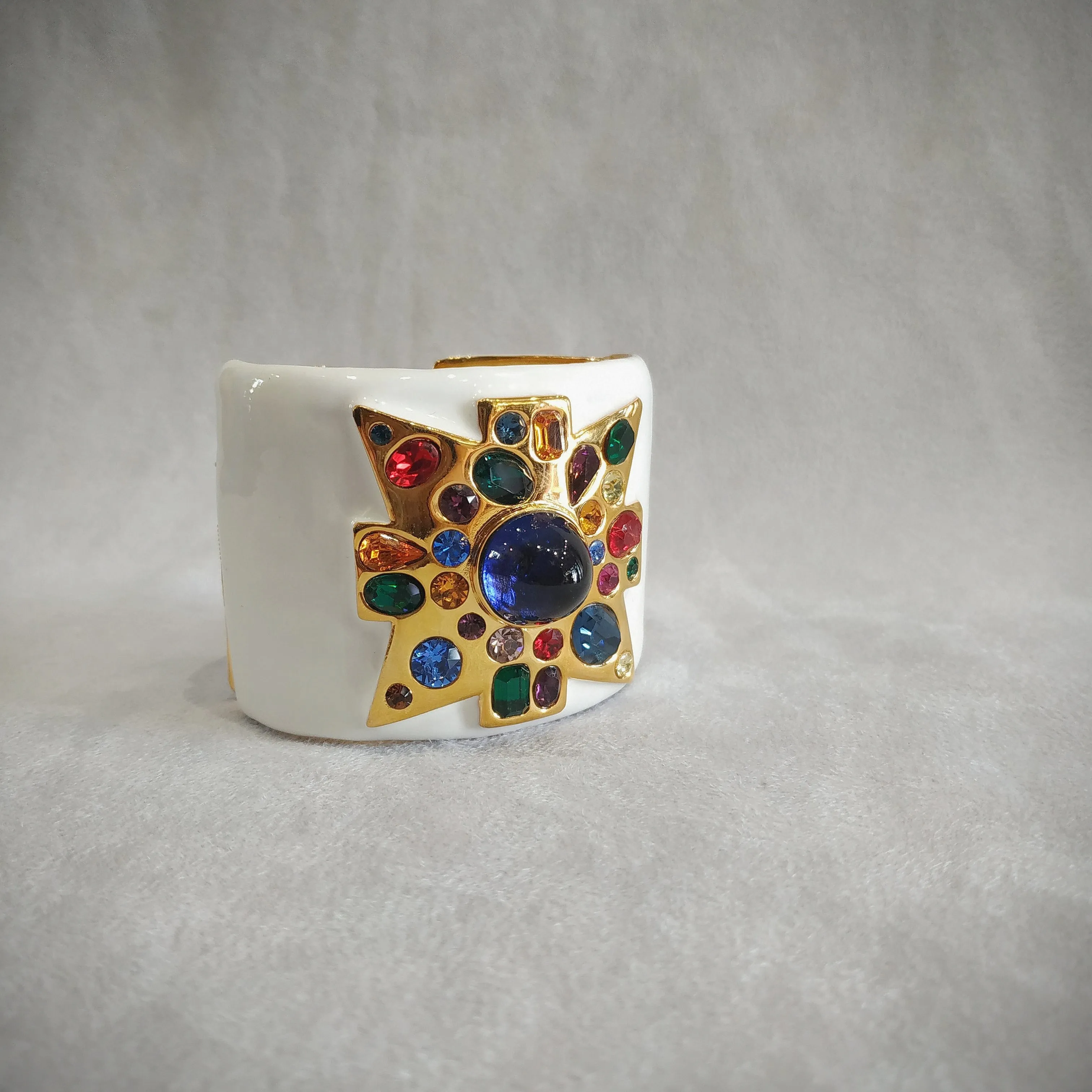 Kenneth Jay Lane Jewelled Cross White Enamel Cuff Bracelet