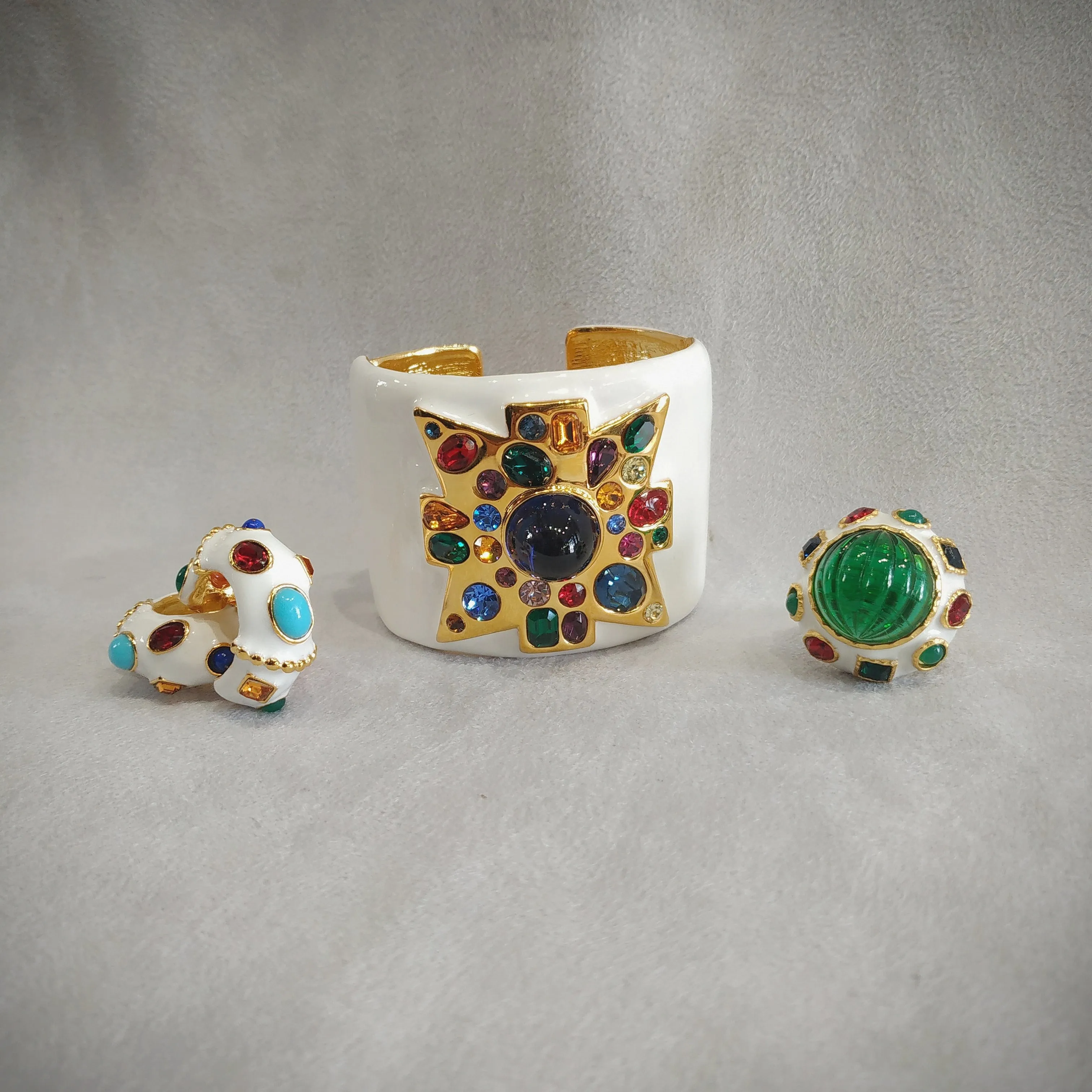 Kenneth Jay Lane Jewelled Cross White Enamel Cuff Bracelet