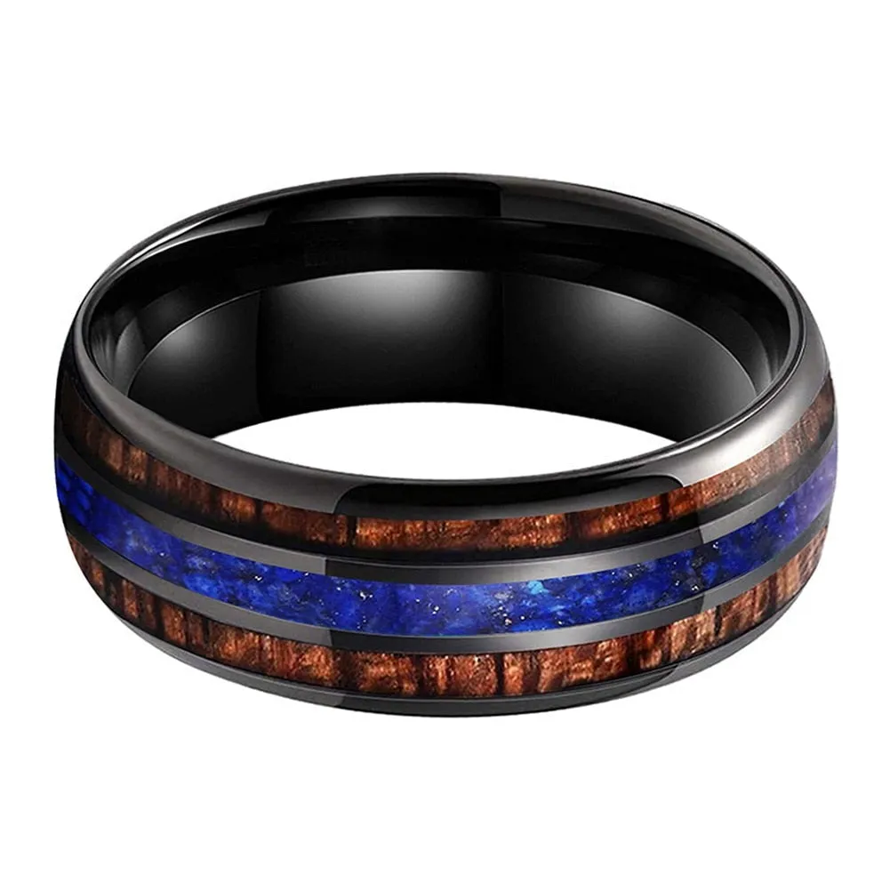 Koa Wood & Lapis Lazuli Triple Inlay Black Tungsten Ring (8mm)