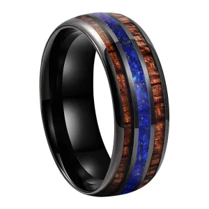 Koa Wood & Lapis Lazuli Triple Inlay Black Tungsten Ring (8mm)