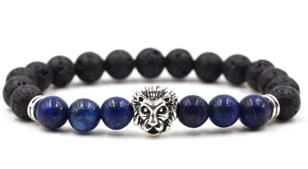 Lion Head 8mm Beaded Bracelet Volcanic Stone