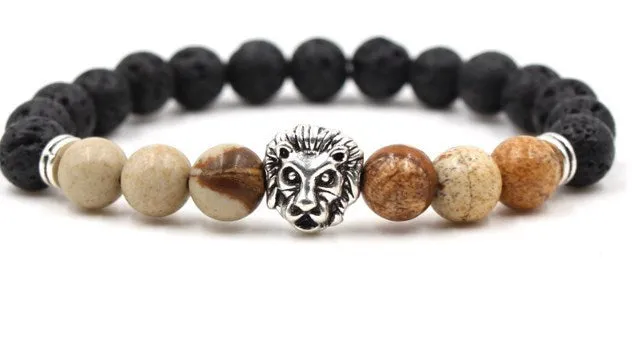 Lion Head 8mm Beaded Bracelet Volcanic Stone