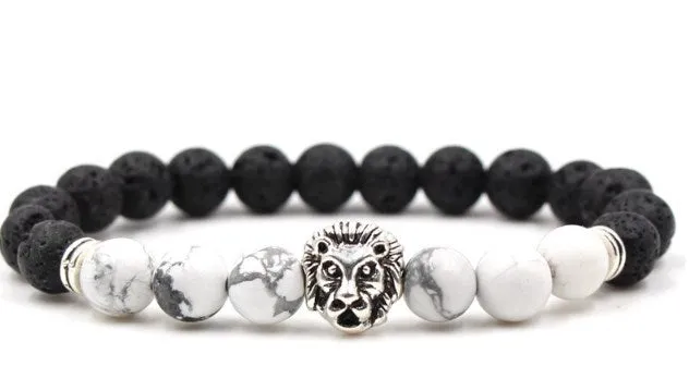 Lion Head 8mm Beaded Bracelet Volcanic Stone