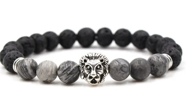 Lion Head 8mm Beaded Bracelet Volcanic Stone