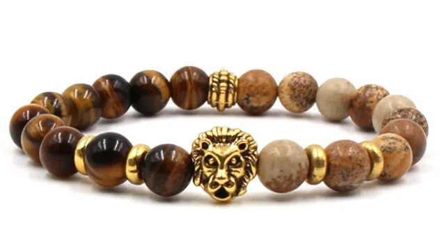 Lion Head 8mm Beaded Bracelet Volcanic Stone