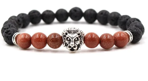 Lion Head 8mm Beaded Bracelet Volcanic Stone
