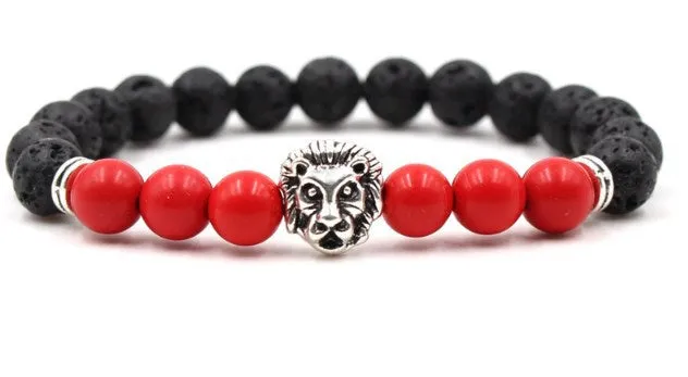 Lion Head 8mm Beaded Bracelet Volcanic Stone