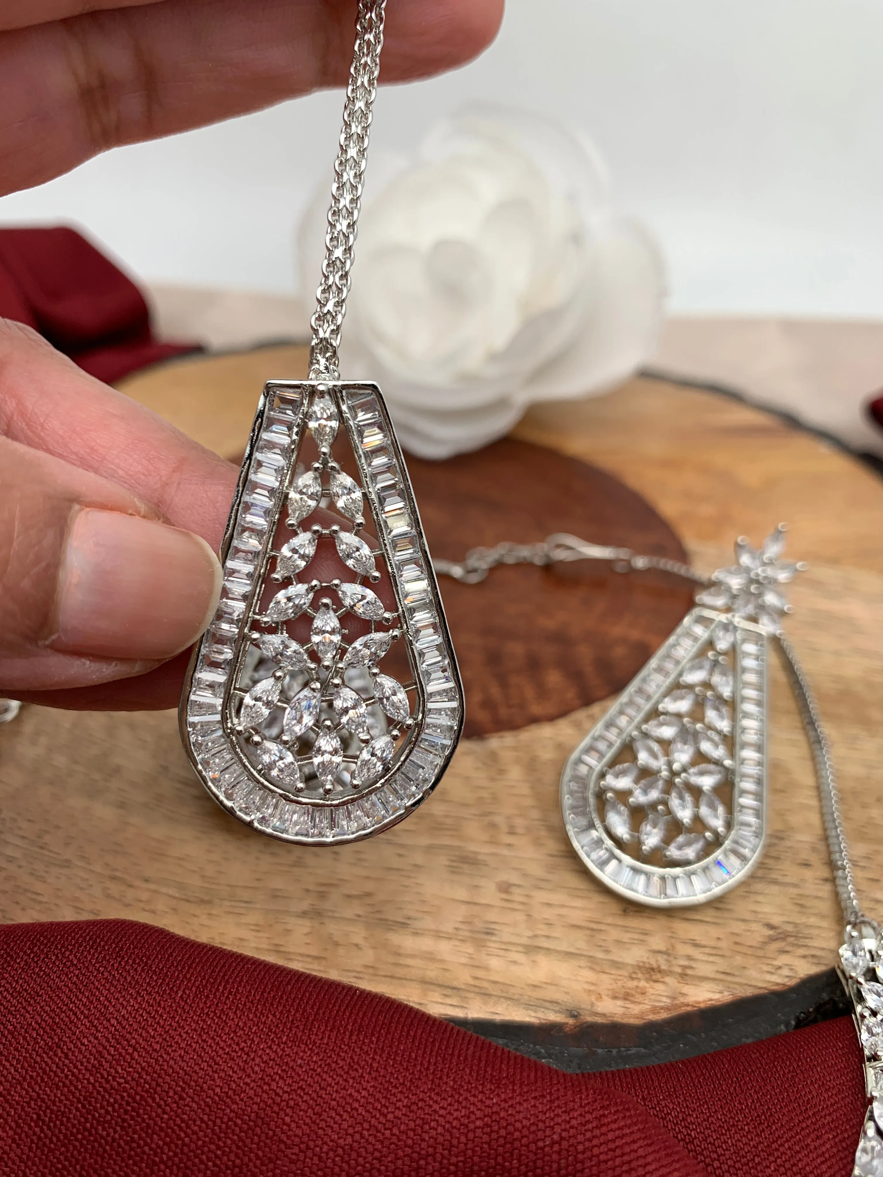 Marquis AD Clear Stone Neckline Necklace in Silver Polish