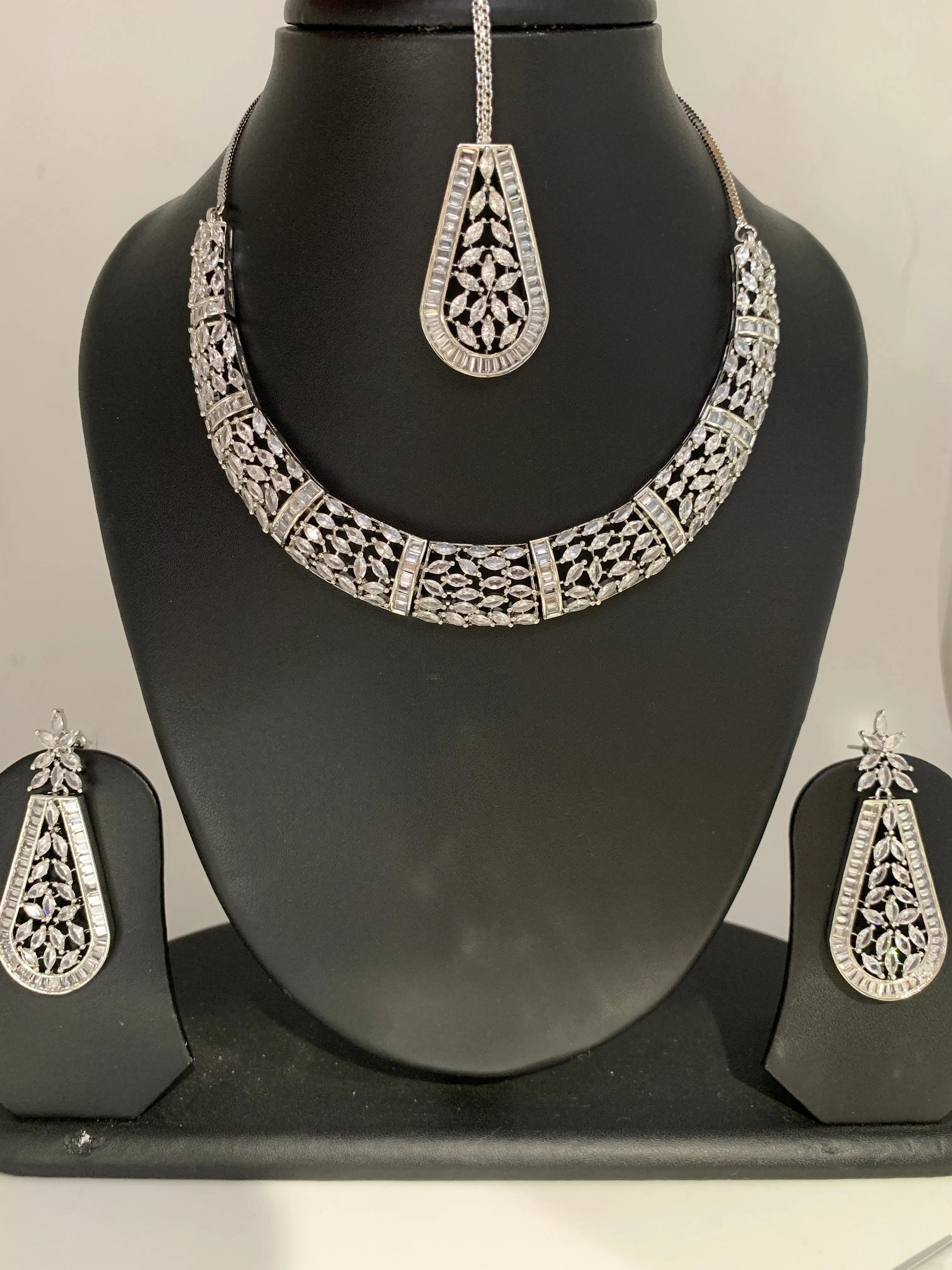 Marquis AD Clear Stone Neckline Necklace in Silver Polish