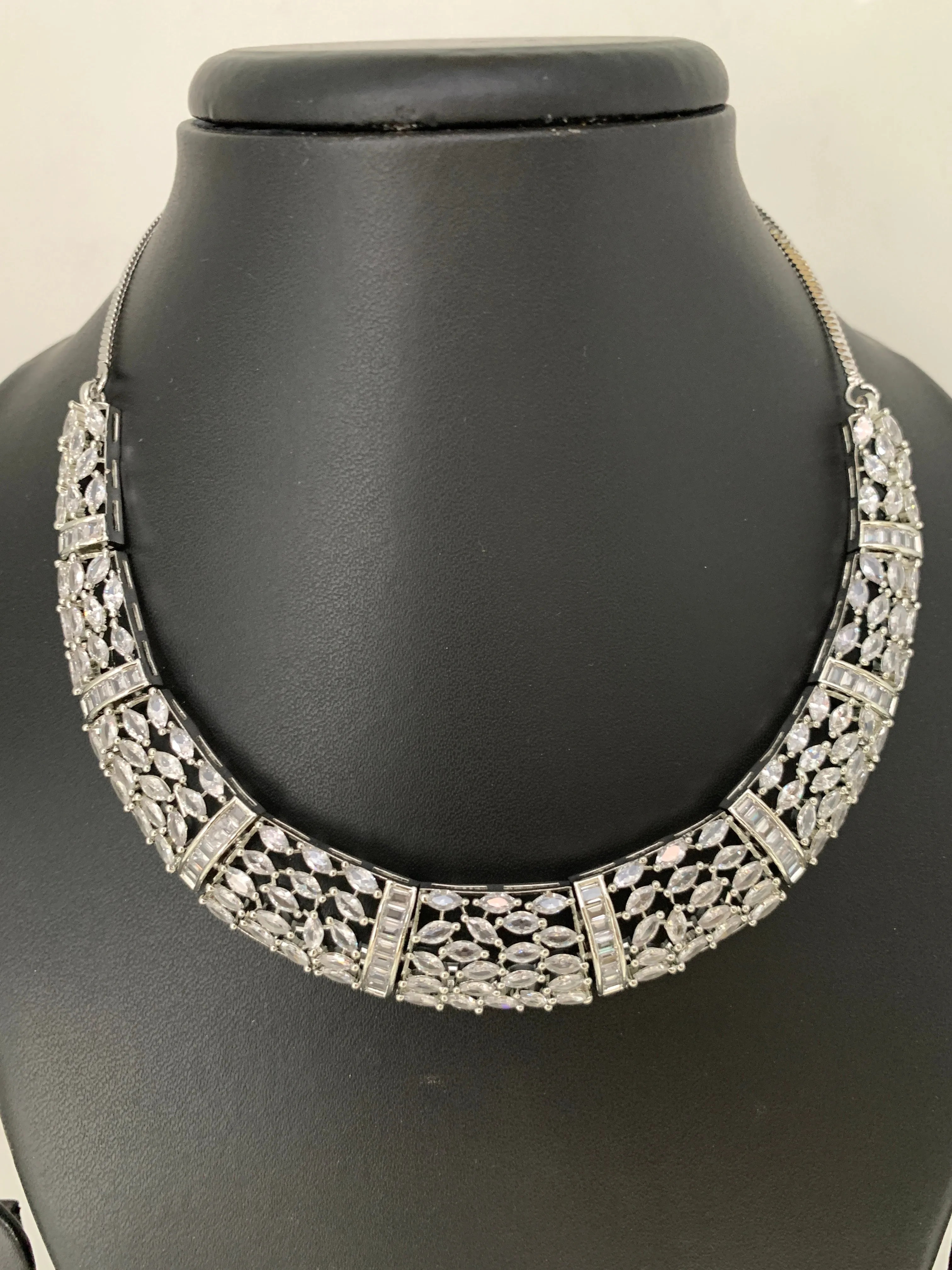 Marquis AD Clear Stone Neckline Necklace in Silver Polish