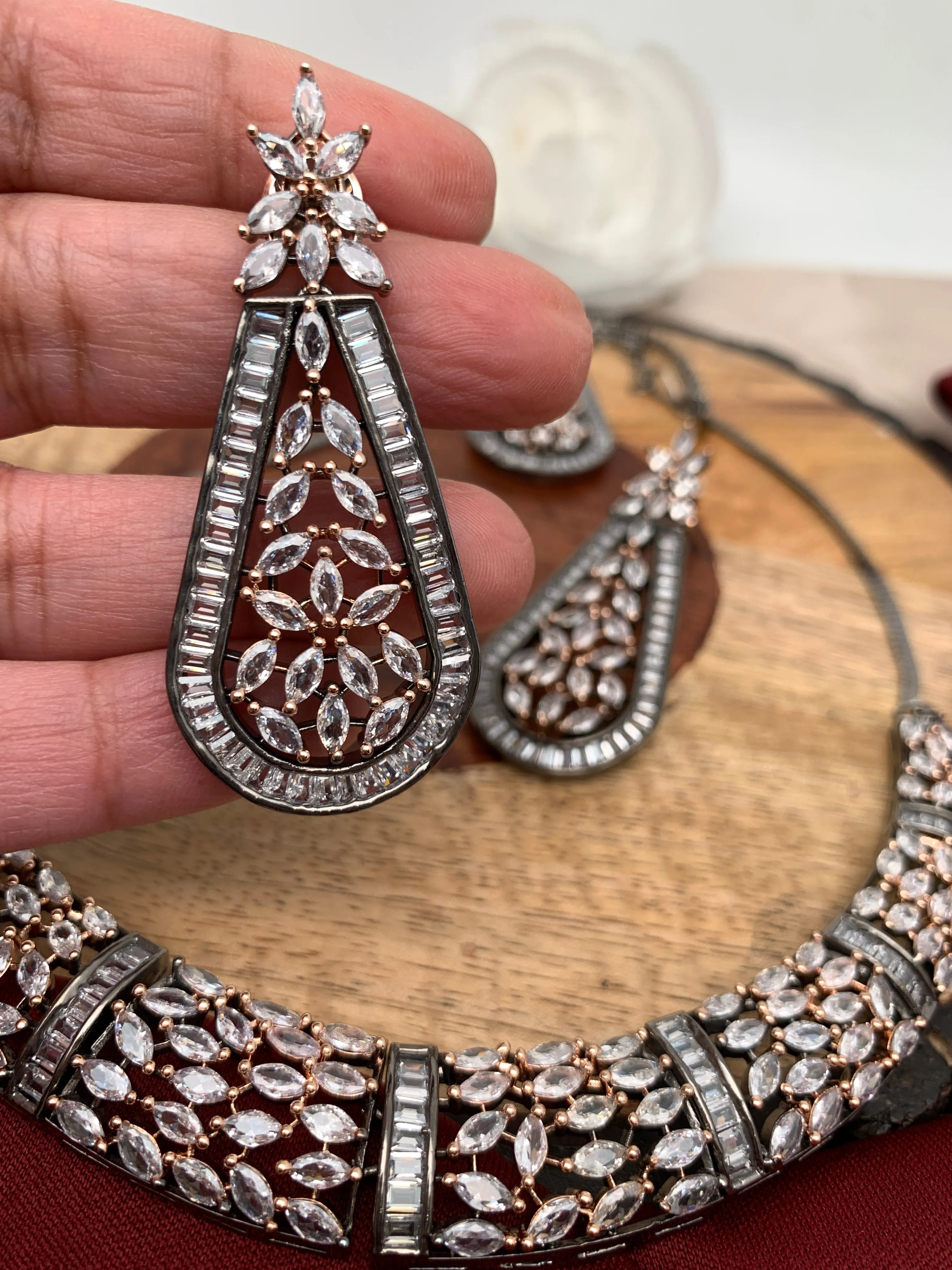 Marquis AD Clear Stone Neckline Necklace in Victorain Dual Tone Polish