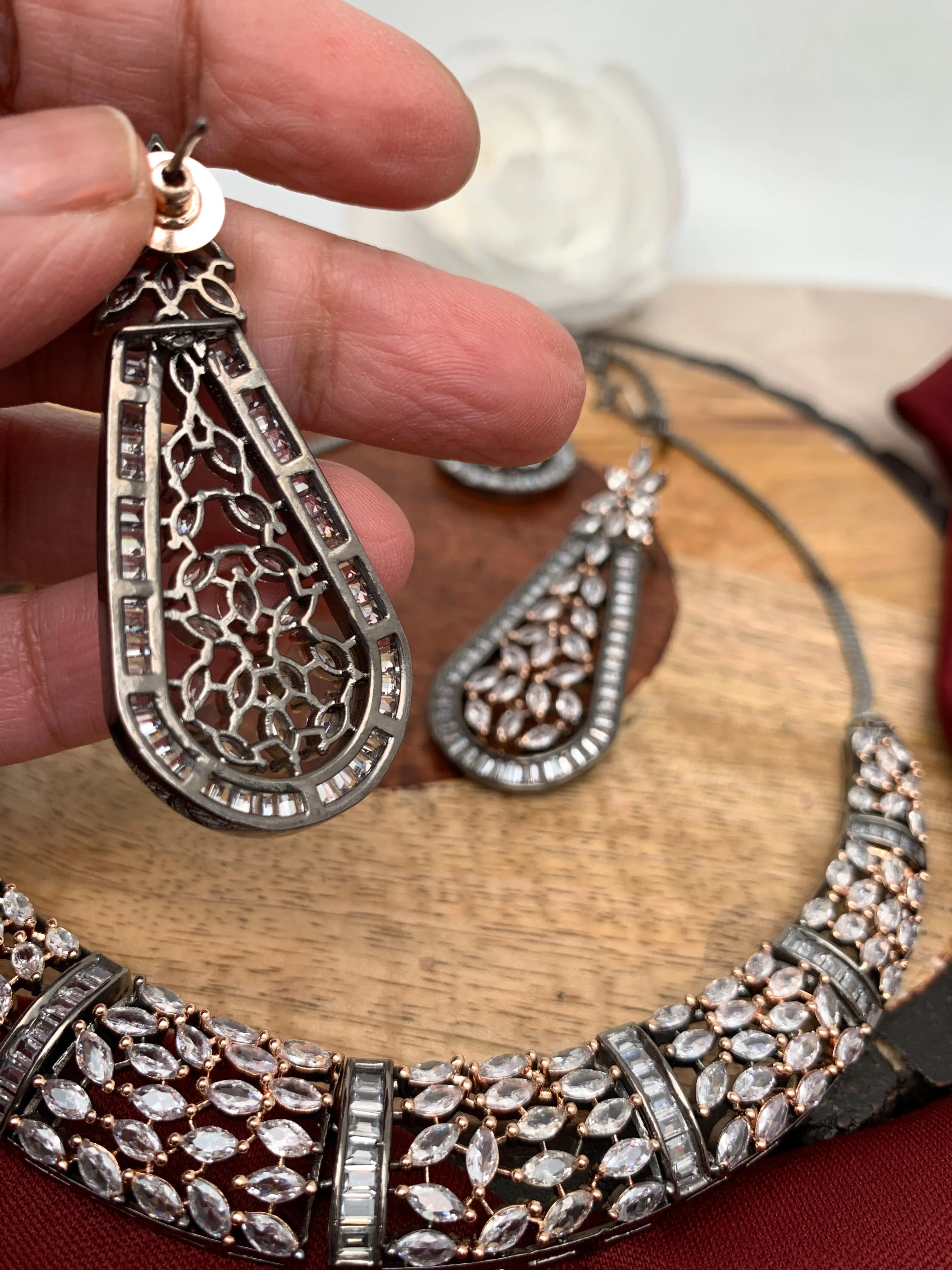 Marquis AD Clear Stone Neckline Necklace in Victorain Dual Tone Polish