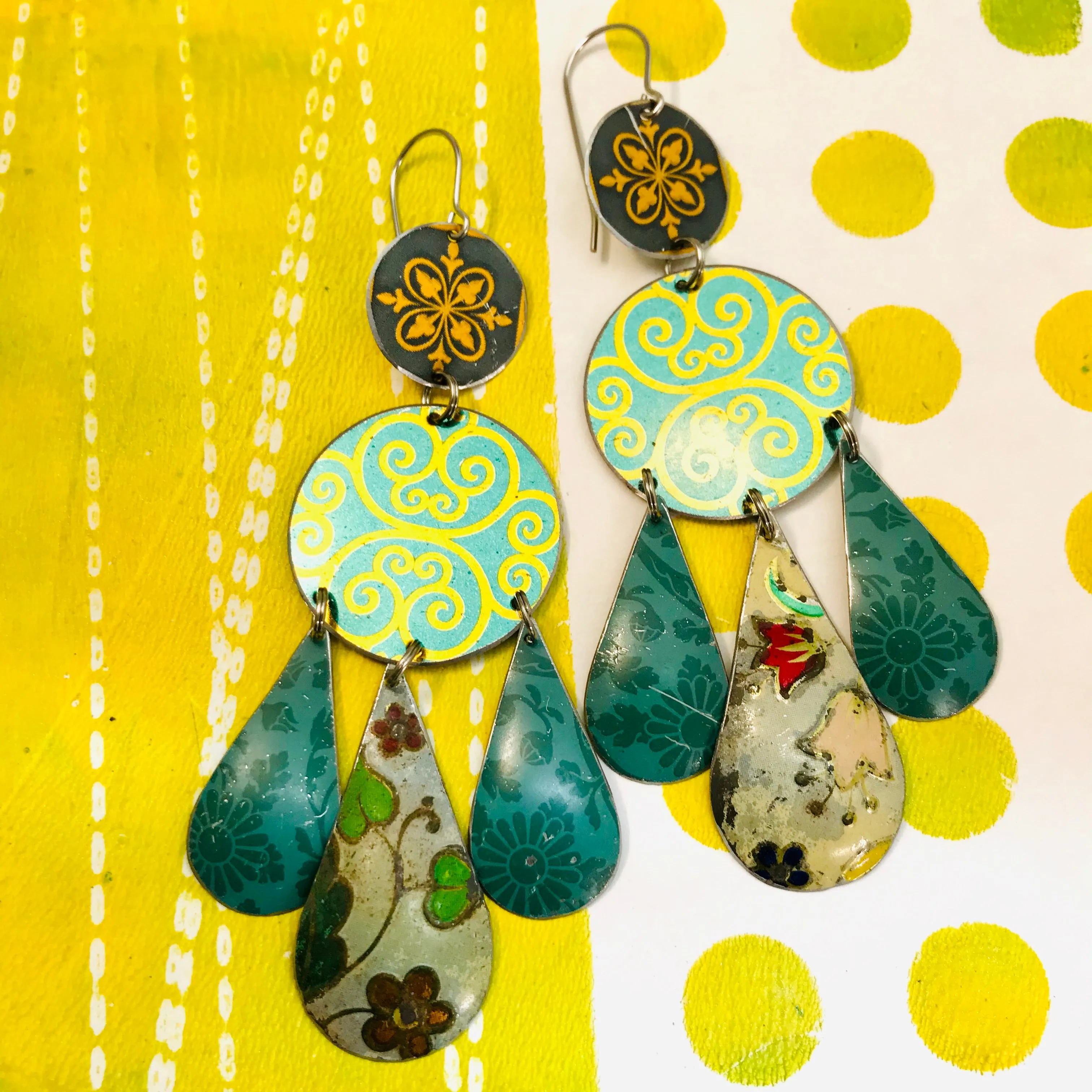 Mixed Greens and Gold Filigree Upcycled Tin Chandelier Earrings