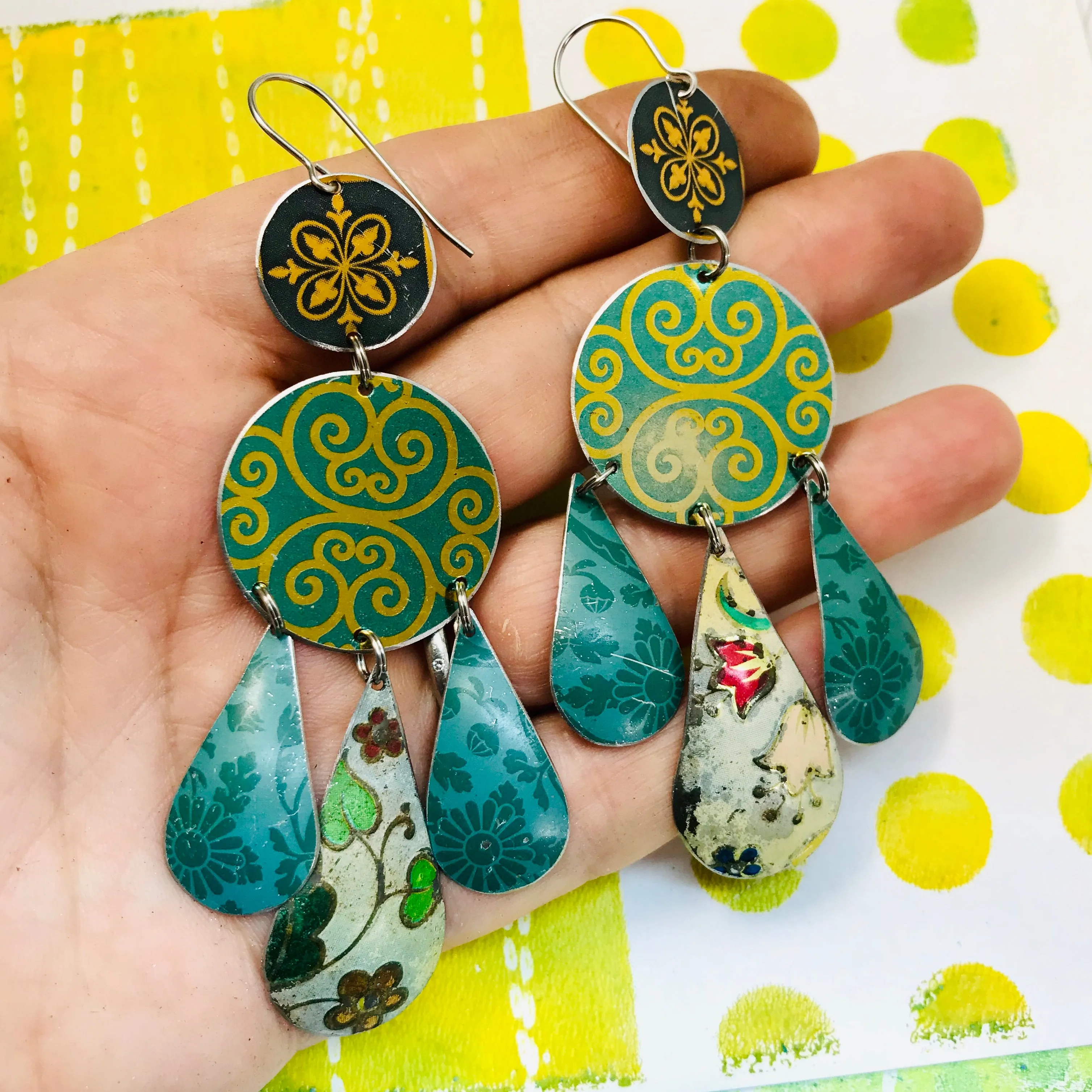 Mixed Greens and Gold Filigree Upcycled Tin Chandelier Earrings