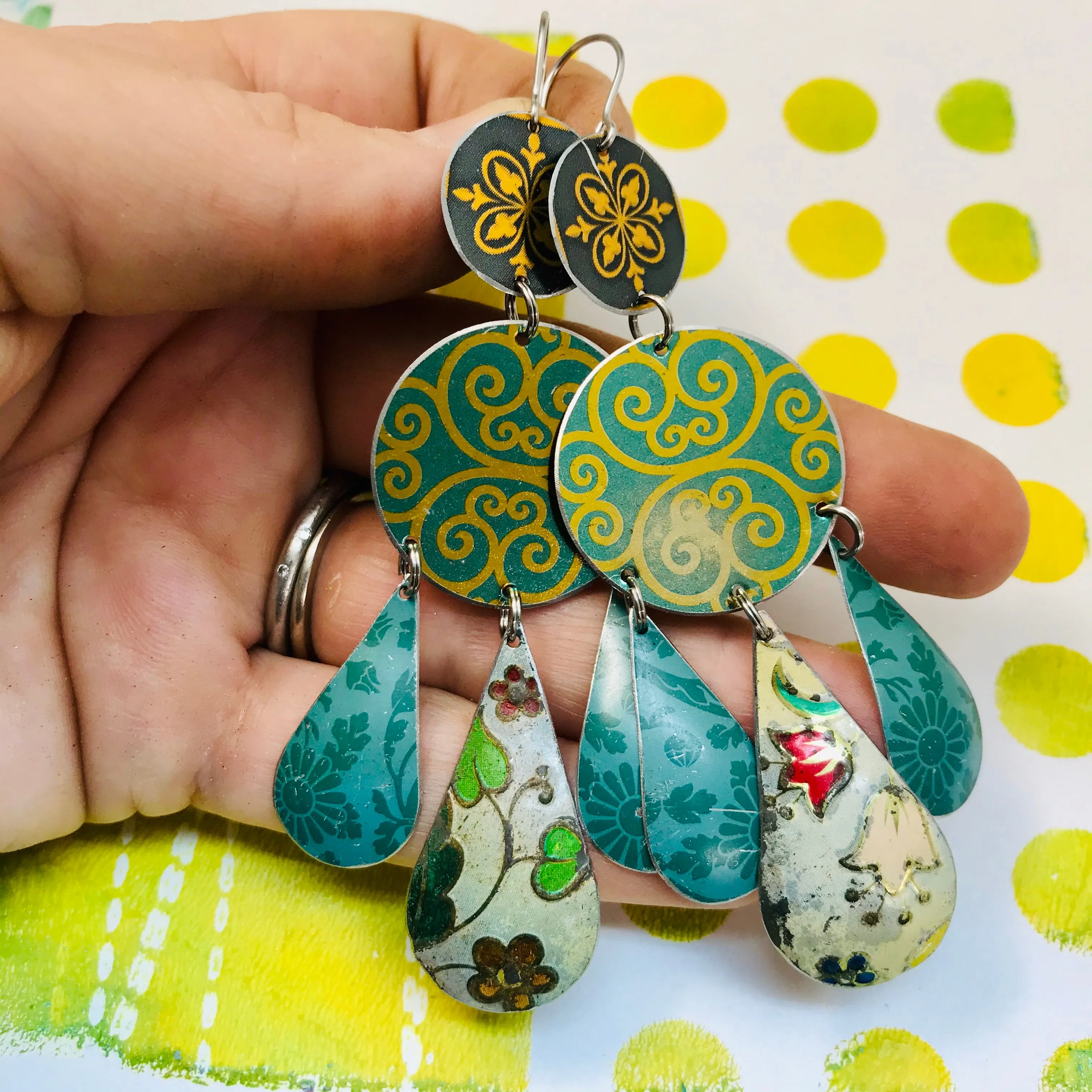 Mixed Greens and Gold Filigree Upcycled Tin Chandelier Earrings