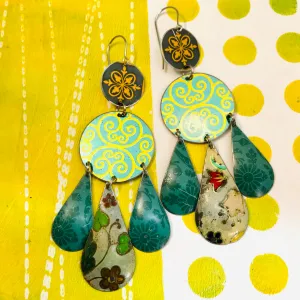 Mixed Greens and Gold Filigree Upcycled Tin Chandelier Earrings
