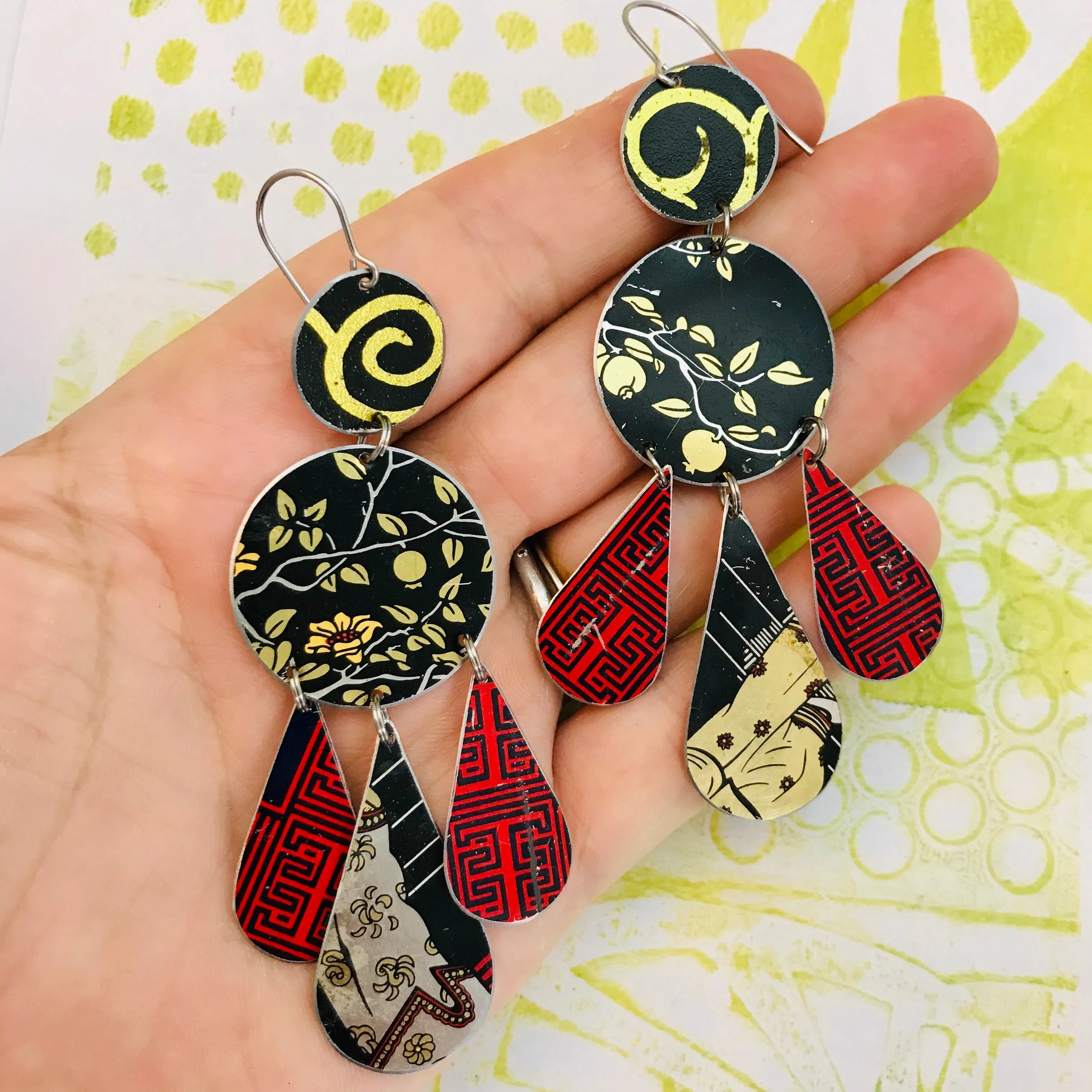 Mixed Midnights & Red Zero Waste Tin Chandelier Earrings