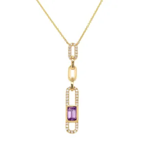 MODERN YELLOW GOLD PAPERCLIP STYLE NECKLACE WITH AMETHYST AND DIAMOND, .17 CTTW
