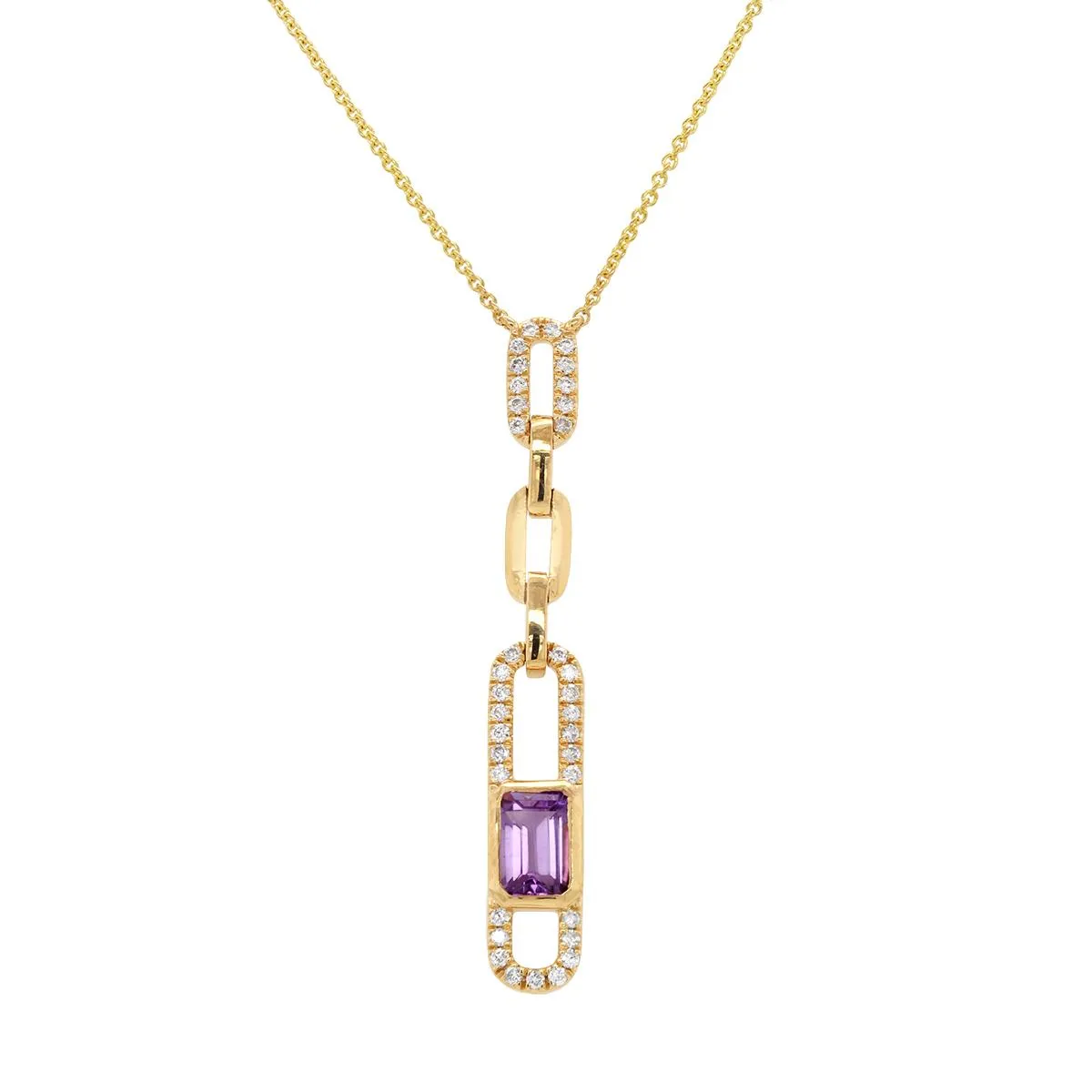 MODERN YELLOW GOLD PAPERCLIP STYLE NECKLACE WITH AMETHYST AND DIAMOND, .17 CTTW