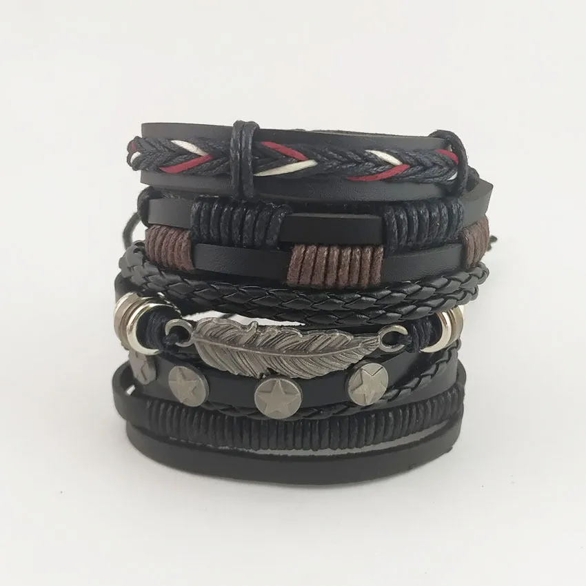 Multi Layer Leaf Feather Pu Leather Hand Fashion Bracelet