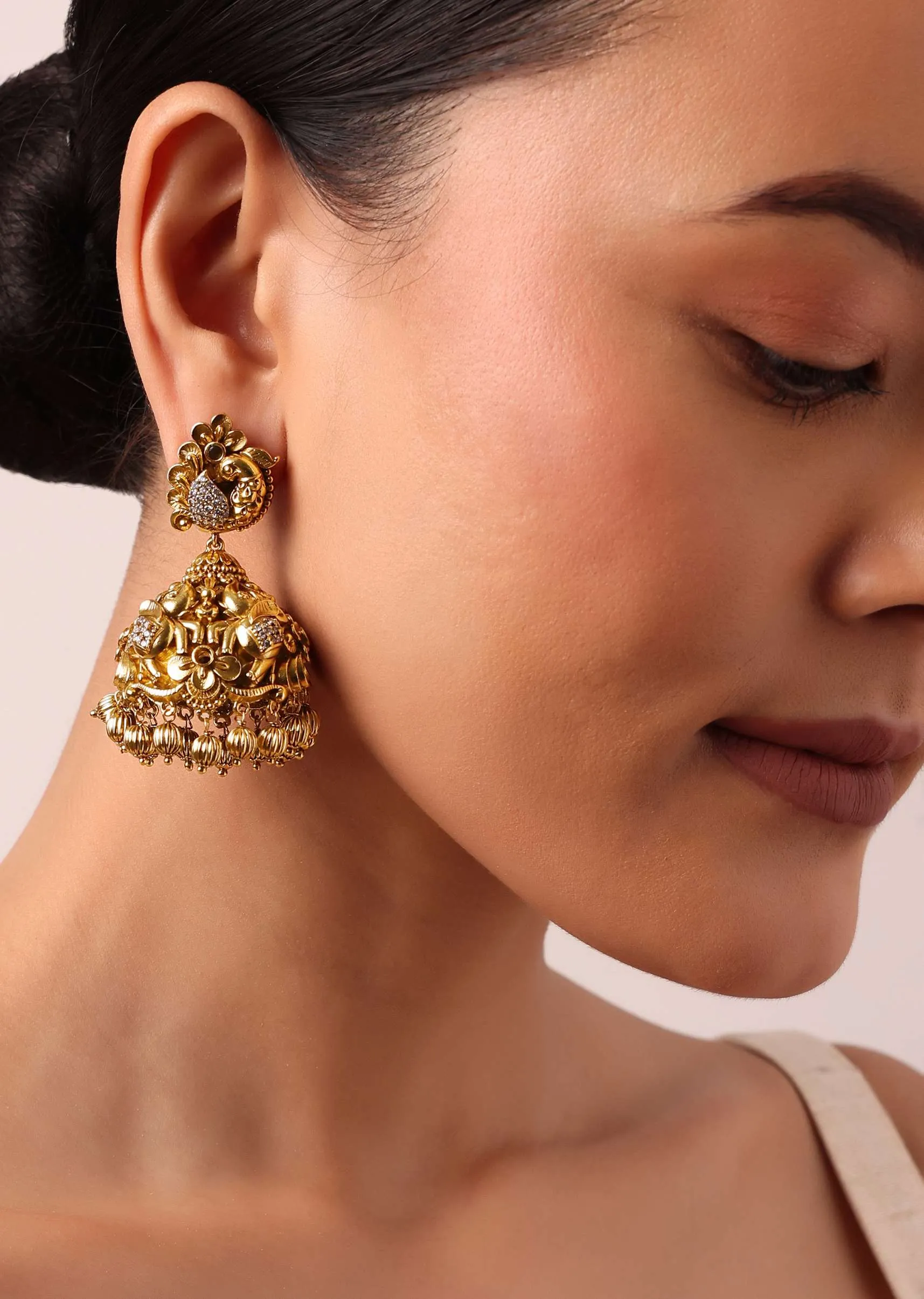 Multi Tone Kundan Jhumkas With Bead Drops