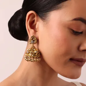 Multi Tone Kundan Jhumkas With Bead Drops