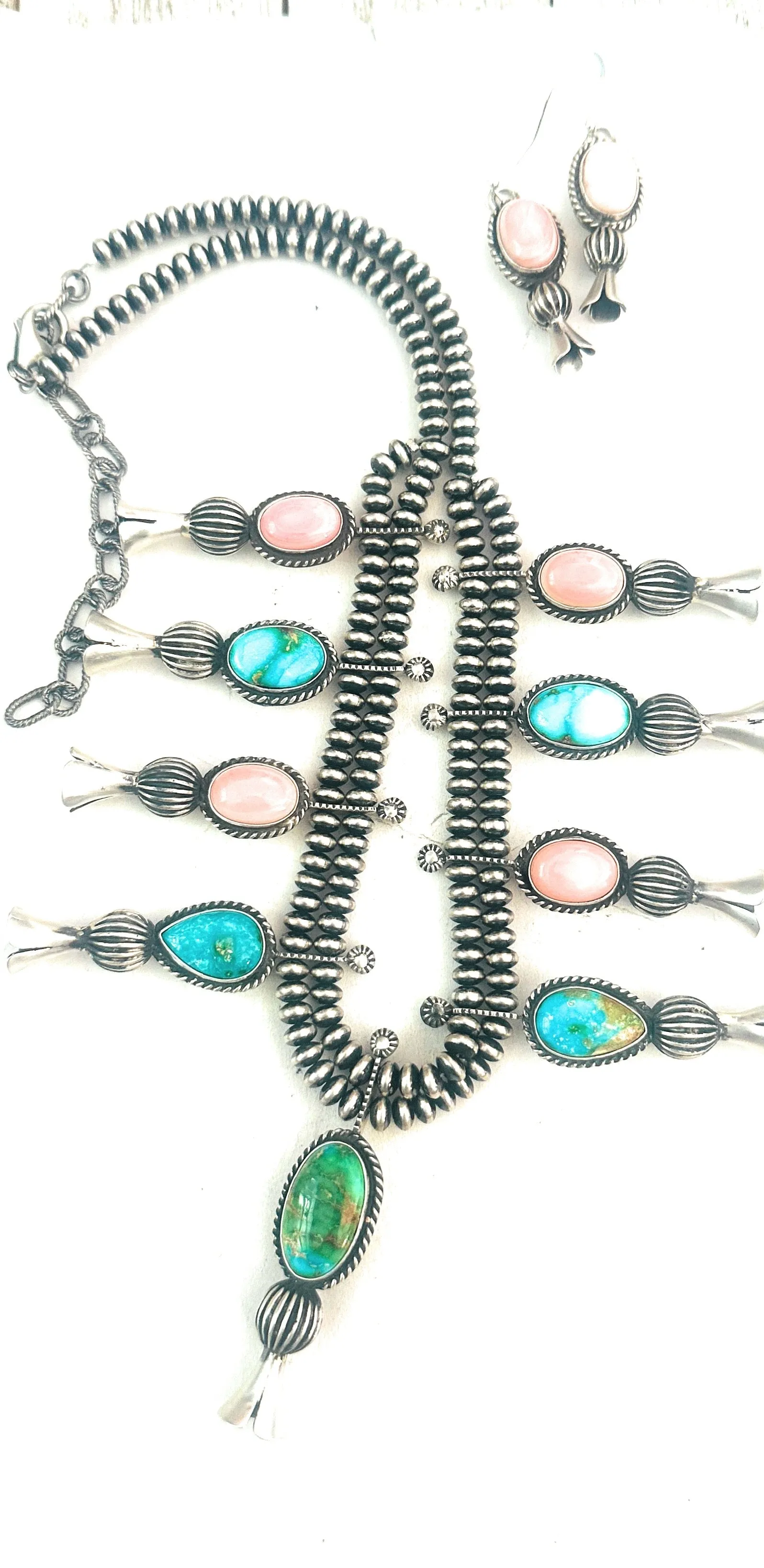 Navajo Turquoise, Pink Conch & Sterling Silver Necklace Set by Russell Sam