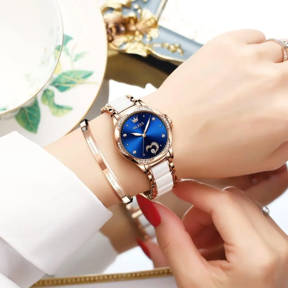 OLEVS Womens Watches Automatic Self Winding Ladies Rose Gold Diamond Watch Luxury Dress White Ceramic Wrist Watch for Women Love Heart Date