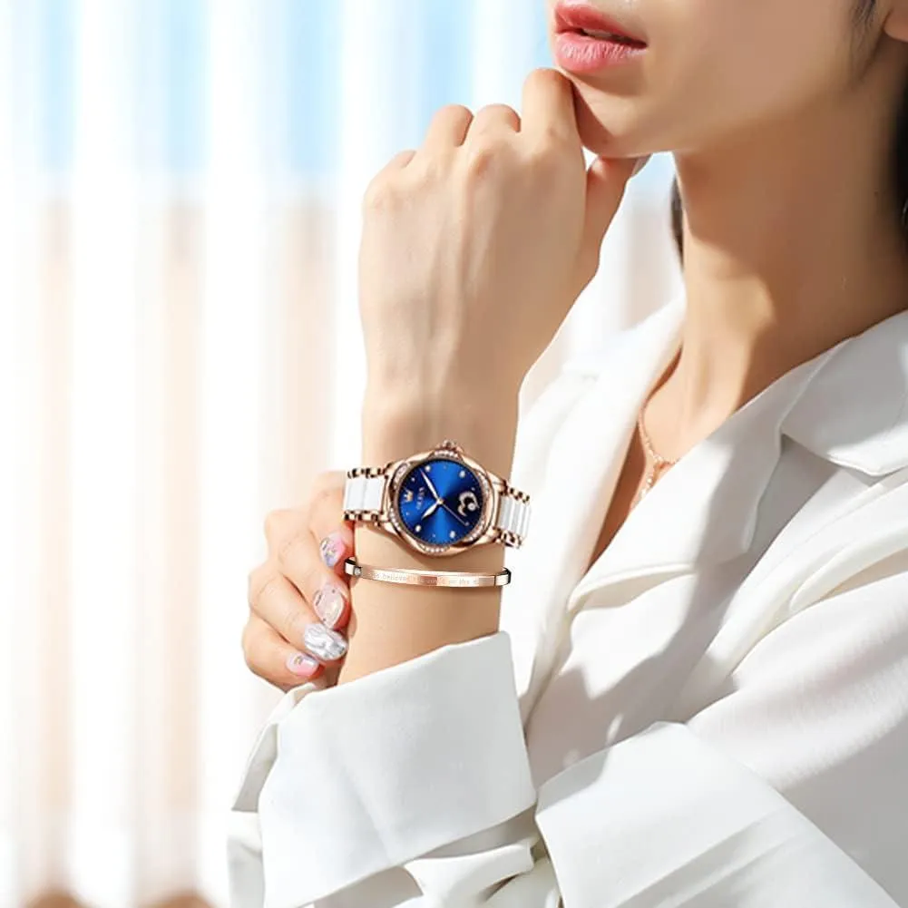 OLEVS Womens Watches Automatic Self Winding Ladies Rose Gold Diamond Watch Luxury Dress White Ceramic Wrist Watch for Women Love Heart Date