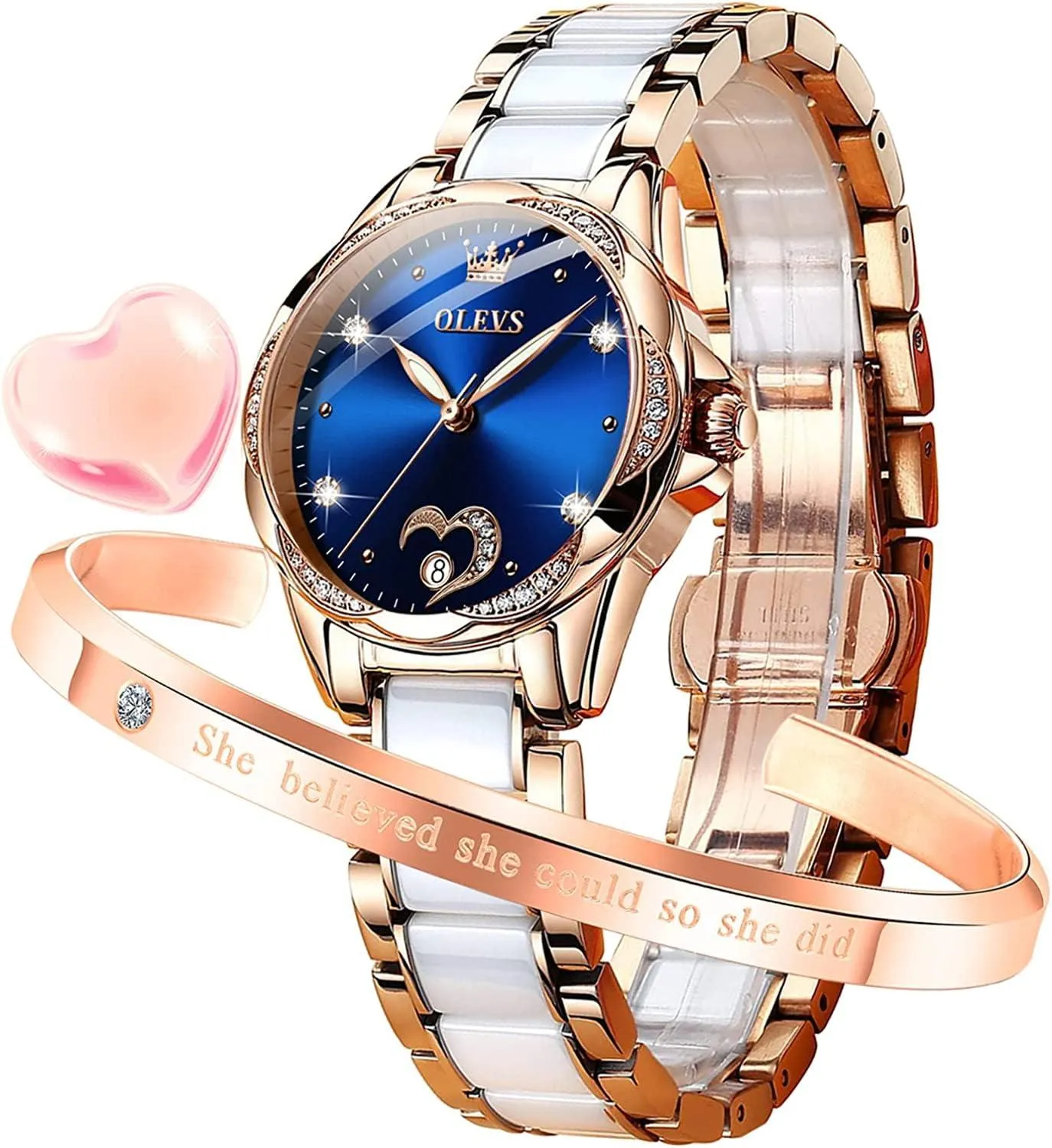 OLEVS Womens Watches Automatic Self Winding Ladies Rose Gold Diamond Watch Luxury Dress White Ceramic Wrist Watch for Women Love Heart Date