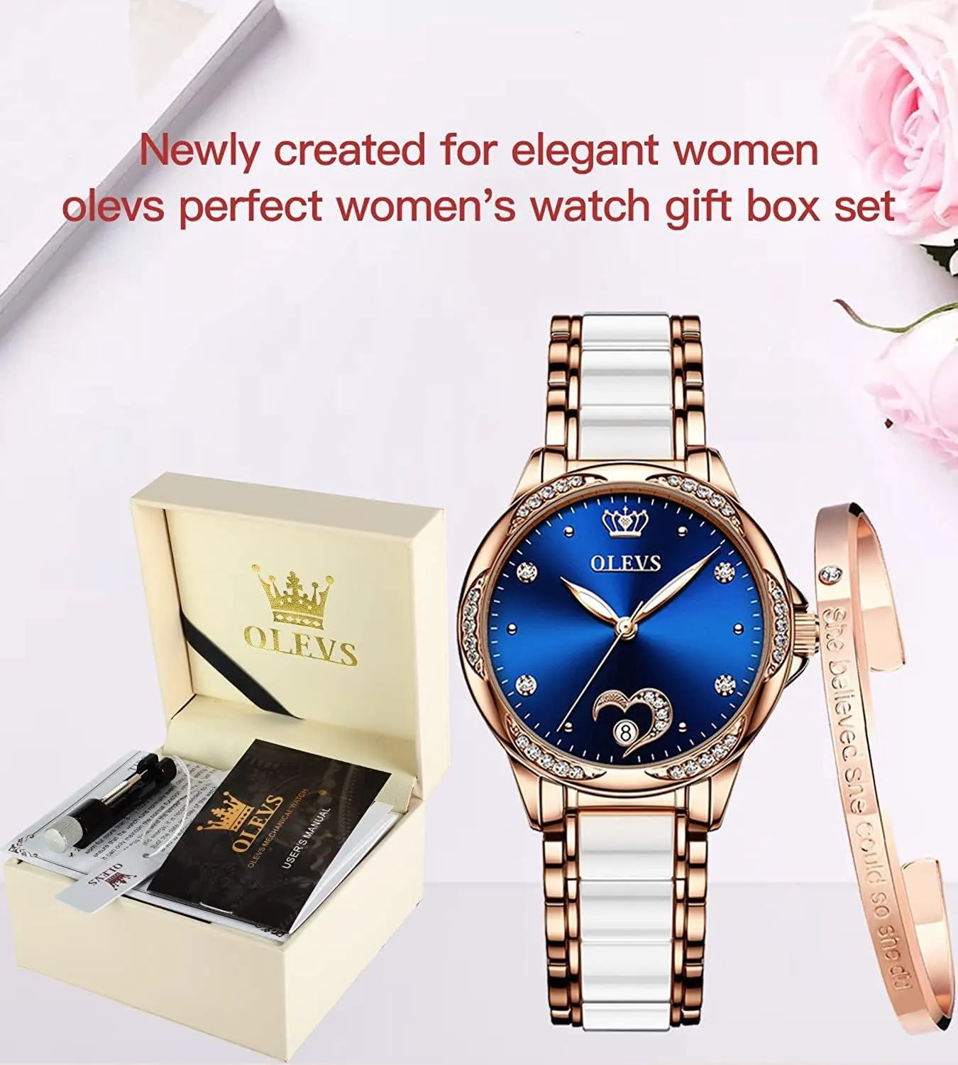 OLEVS Womens Watches Automatic Self Winding Ladies Rose Gold Diamond Watch Luxury Dress White Ceramic Wrist Watch for Women Love Heart Date