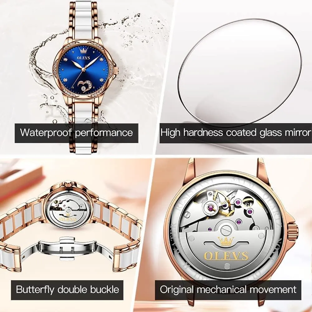 OLEVS Womens Watches Automatic Self Winding Ladies Rose Gold Diamond Watch Luxury Dress White Ceramic Wrist Watch for Women Love Heart Date