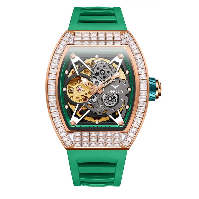 ONOLA 42mm Tonneau Watch With Gears Showing Inlaid w/ Brilliant Diamond