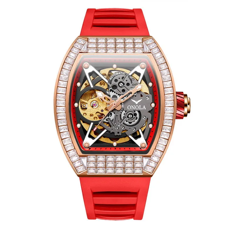 ONOLA 42mm Tonneau Watch With Gears Showing Inlaid w/ Brilliant Diamond