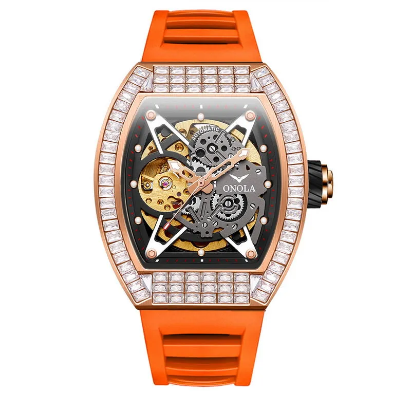 ONOLA 42mm Tonneau Watch With Gears Showing Inlaid w/ Brilliant Diamond