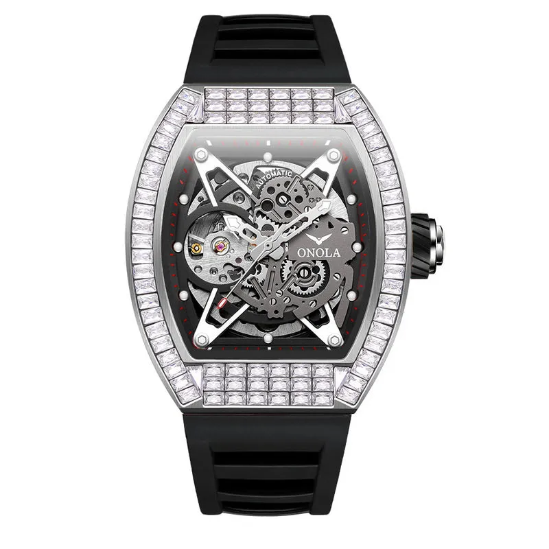 ONOLA 42mm Tonneau Watch With Gears Showing Inlaid w/ Brilliant Diamond
