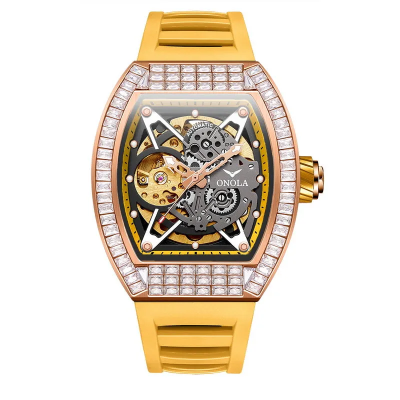 ONOLA 42mm Tonneau Watch With Gears Showing Inlaid w/ Brilliant Diamond