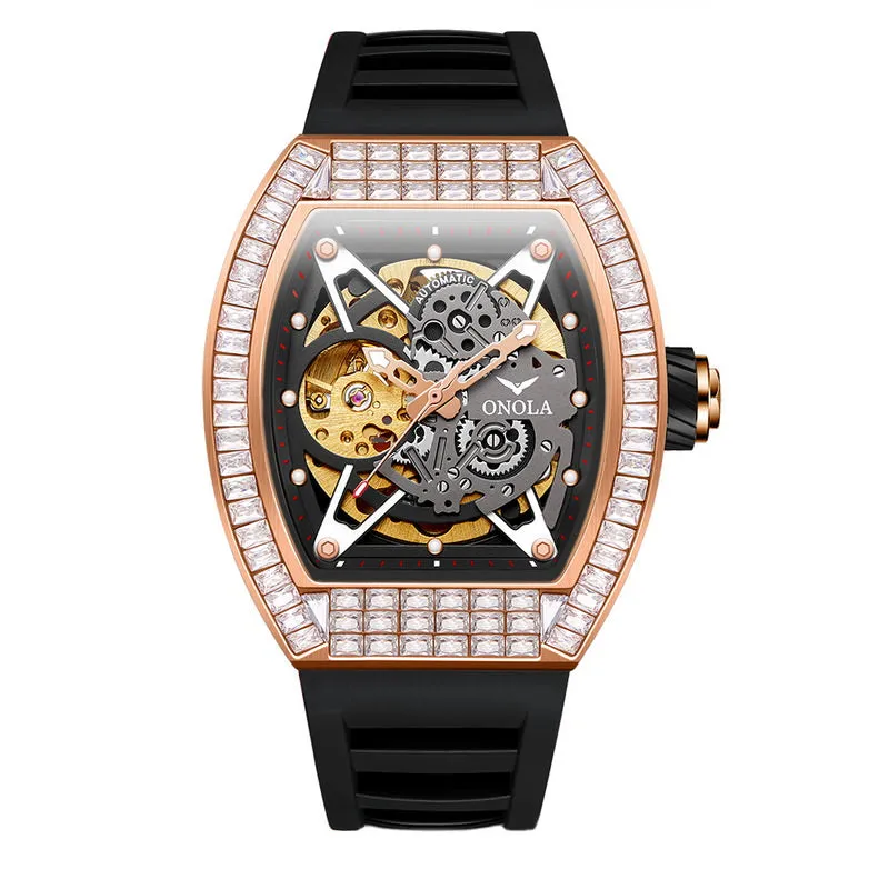 ONOLA 42mm Tonneau Watch With Gears Showing Inlaid w/ Brilliant Diamond