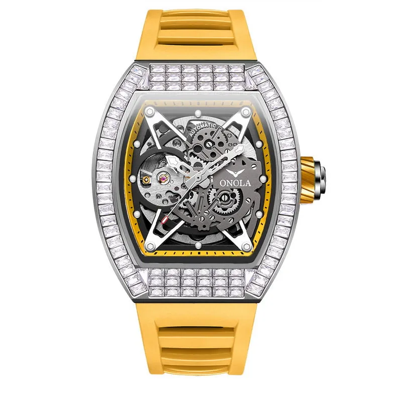 ONOLA 42mm Tonneau Watch With Gears Showing Inlaid w/ Brilliant Diamond