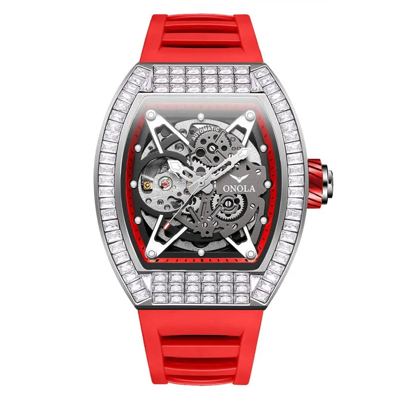 ONOLA 42mm Tonneau Watch With Gears Showing Inlaid w/ Brilliant Diamond