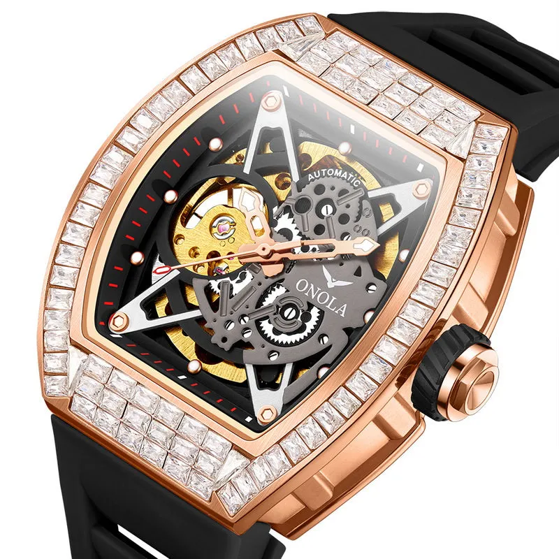 ONOLA 42mm Tonneau Watch With Gears Showing Inlaid w/ Brilliant Diamond