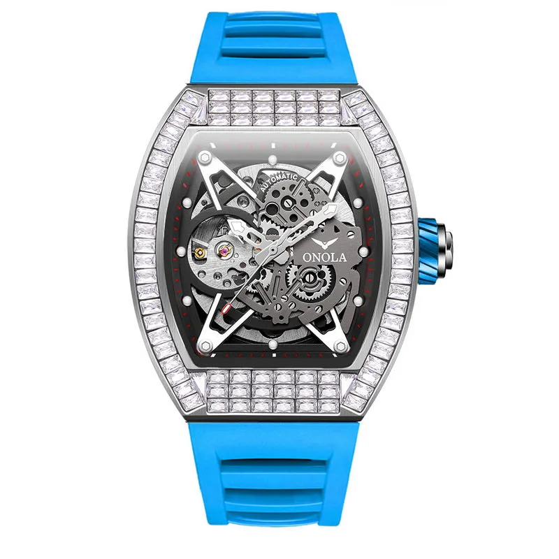 ONOLA 42mm Tonneau Watch With Gears Showing Inlaid w/ Brilliant Diamond