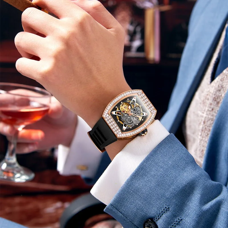 ONOLA 42mm Tonneau Watch With Gears Showing Inlaid w/ Brilliant Diamond
