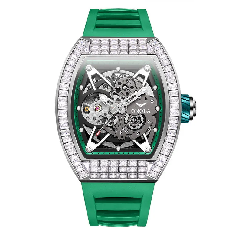 ONOLA 42mm Tonneau Watch With Gears Showing Inlaid w/ Brilliant Diamond