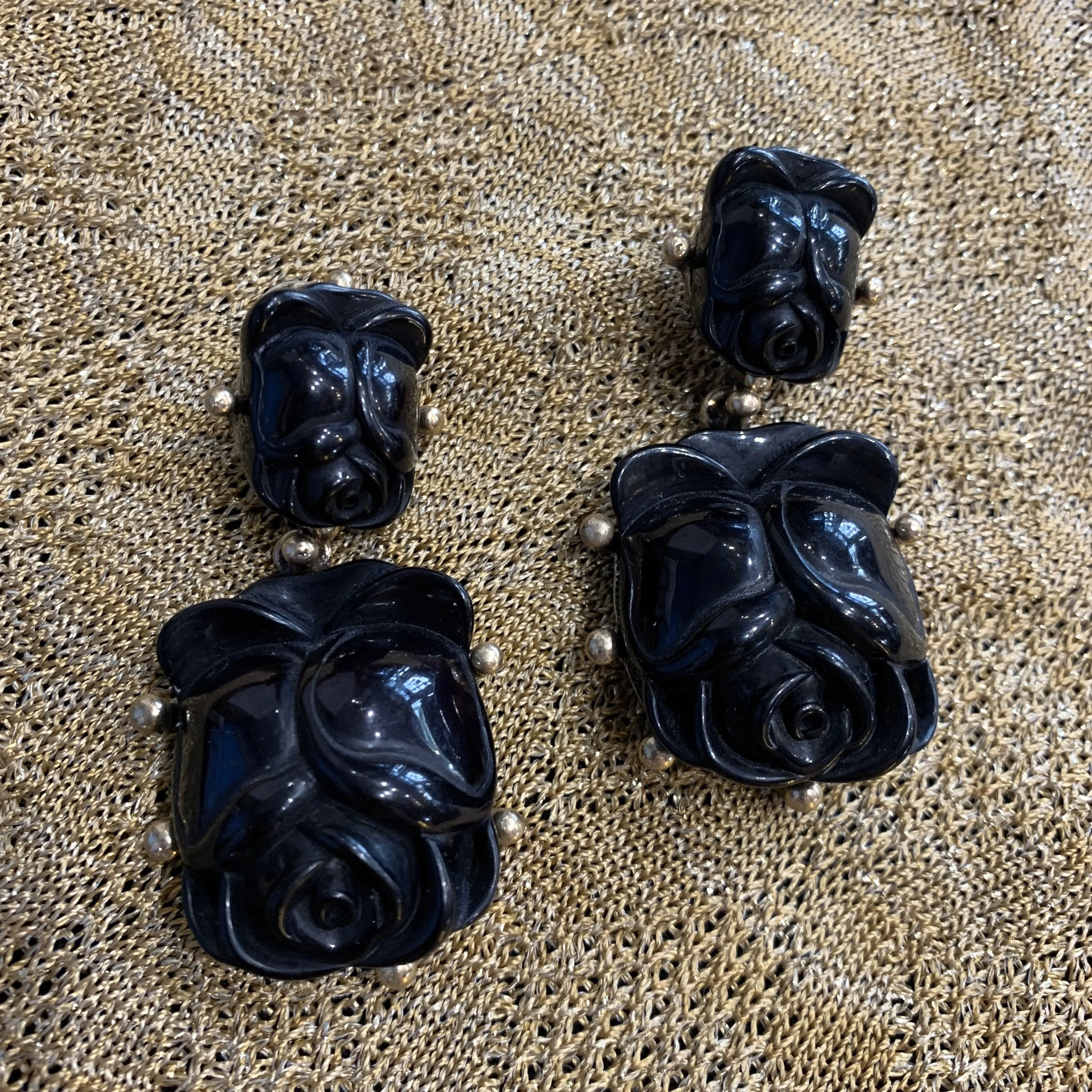 Oscar de La Renta Earrings Black Rose Tulip  Pierced