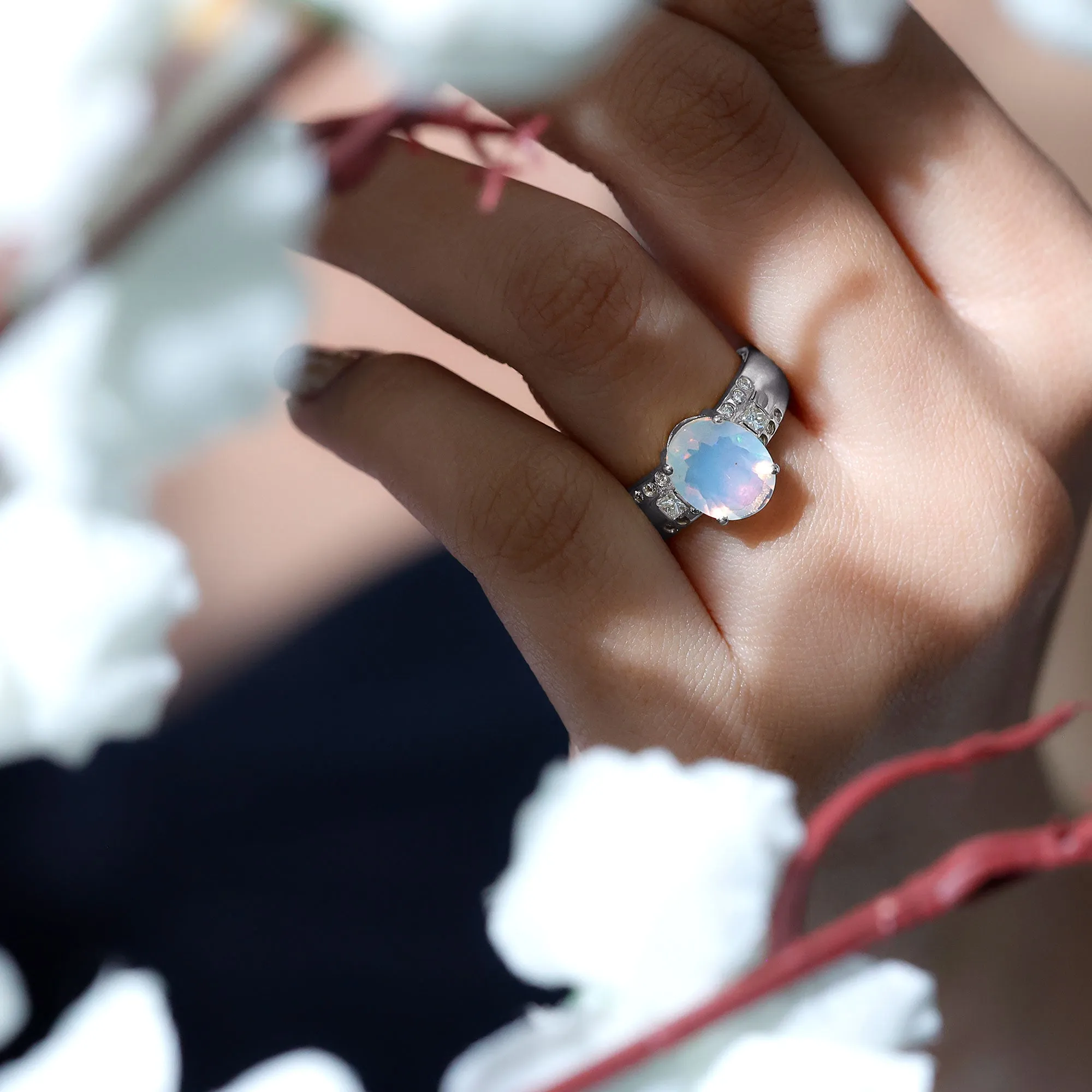 Oval Ethiopian Opal Solitaire Engagement Ring with Diamond