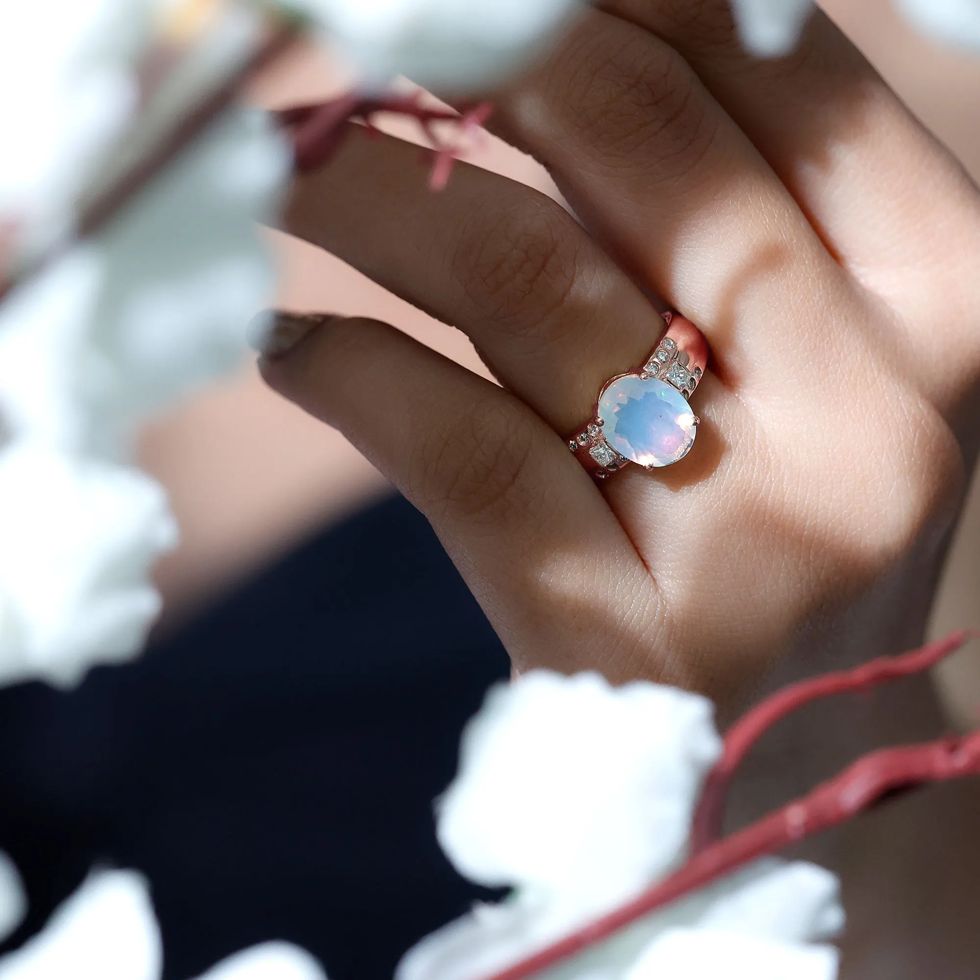 Oval Ethiopian Opal Solitaire Engagement Ring with Diamond